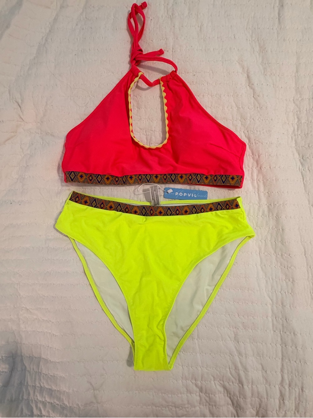 Neon Pink & Yellow High-Waist Bikini Set by Popvil